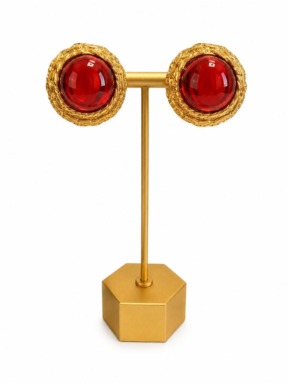 Bold Red Glass Cabochon Clip-On Earrings Gold Tone Statement New